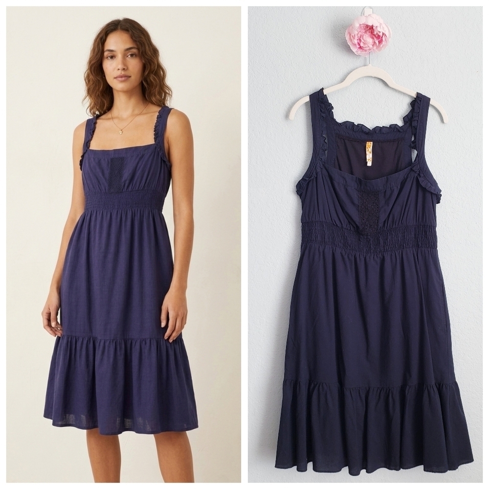 Anthropologie Maeve Navy Square Neck Smocked Ruffle Dress